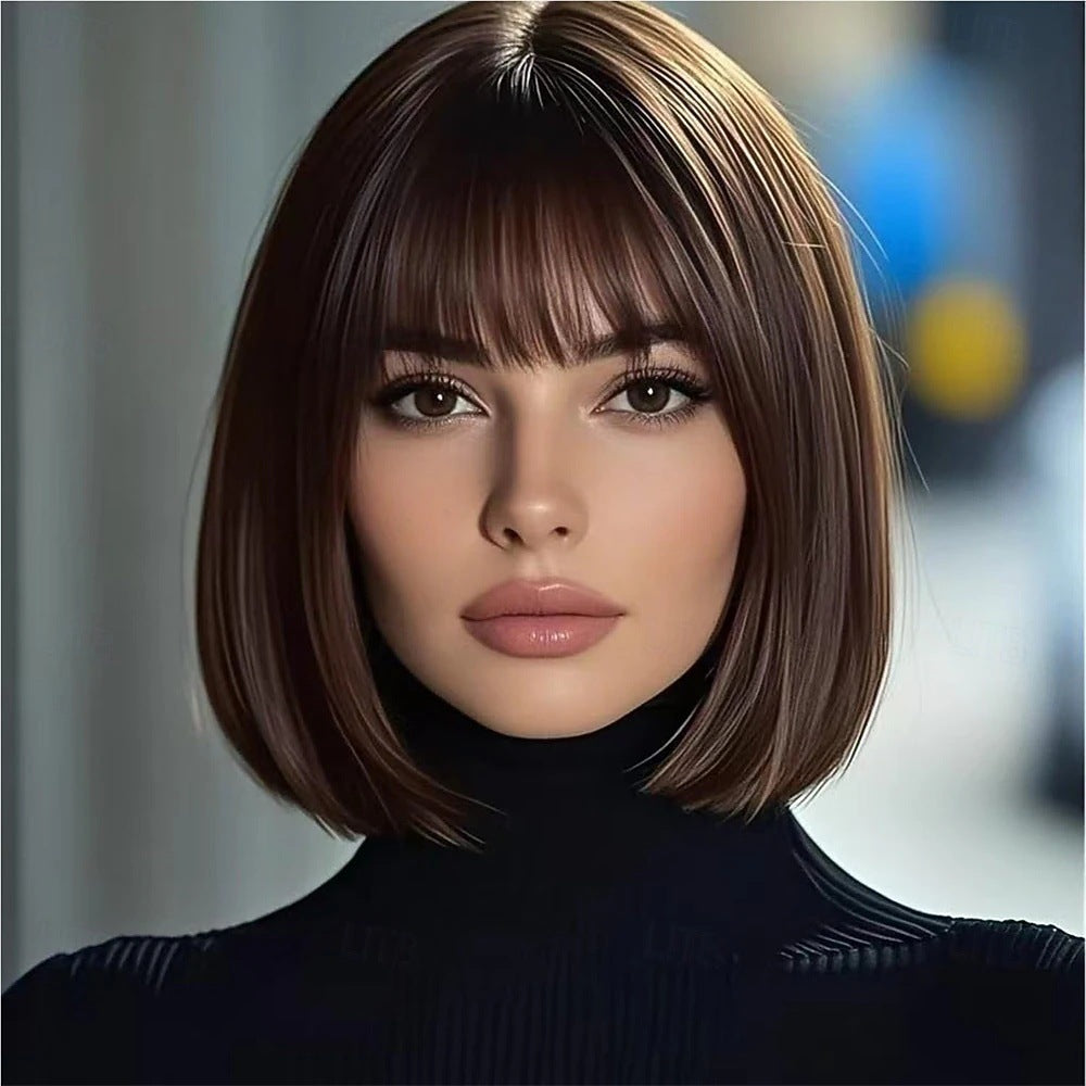 Set With Bangs Synthetic Fiber Heat-resistant Wig Short Straight Hair