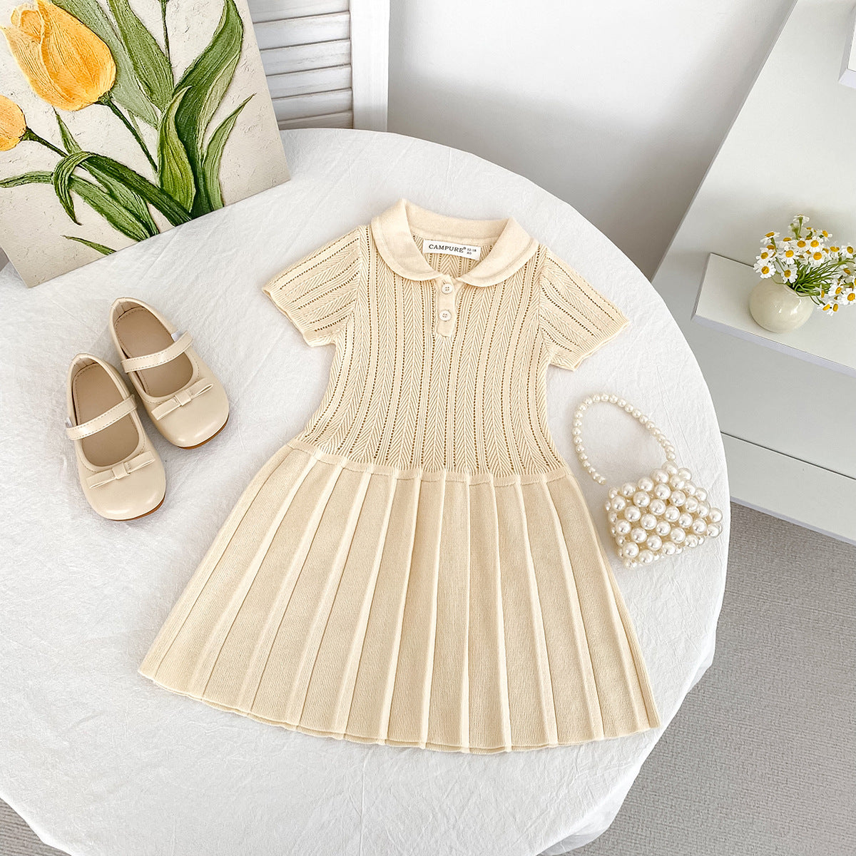 Preppy Style Lapel Ingot Collar Knitted Children's Dress