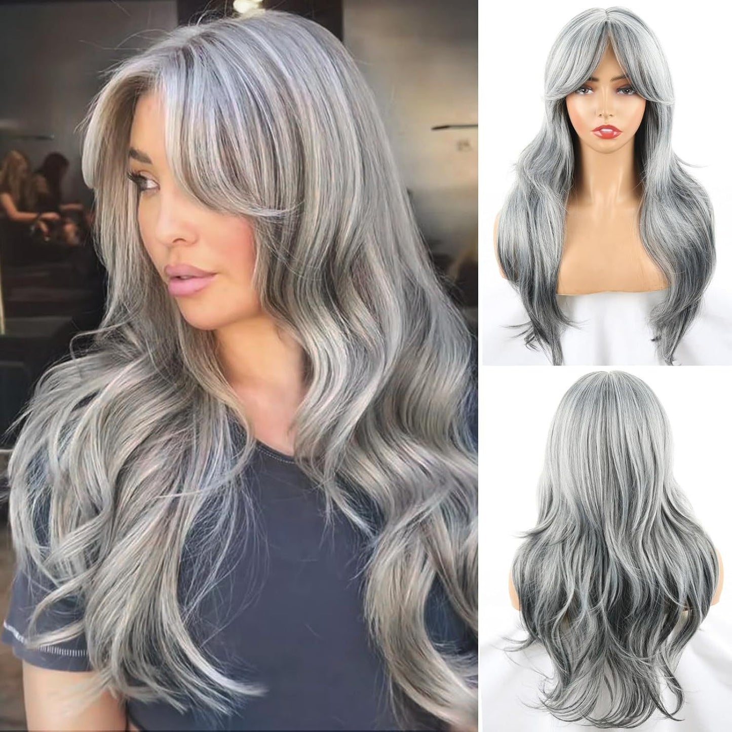Women's Black Curly Hair Bangs Big Wave Head Wig Long Curls