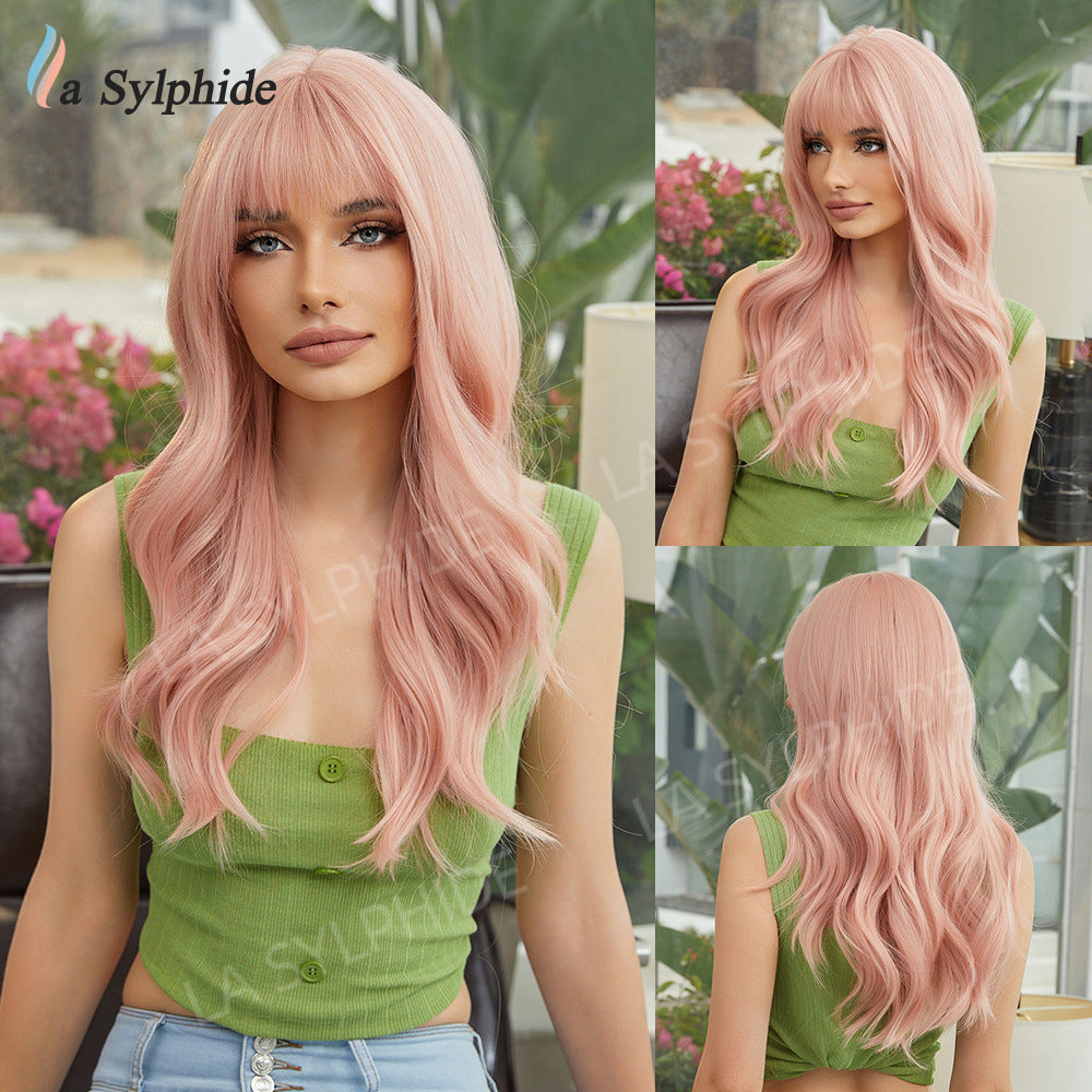 Brown Gradient Golden Bangs Curly Hair Rose Net Wig Long Curls