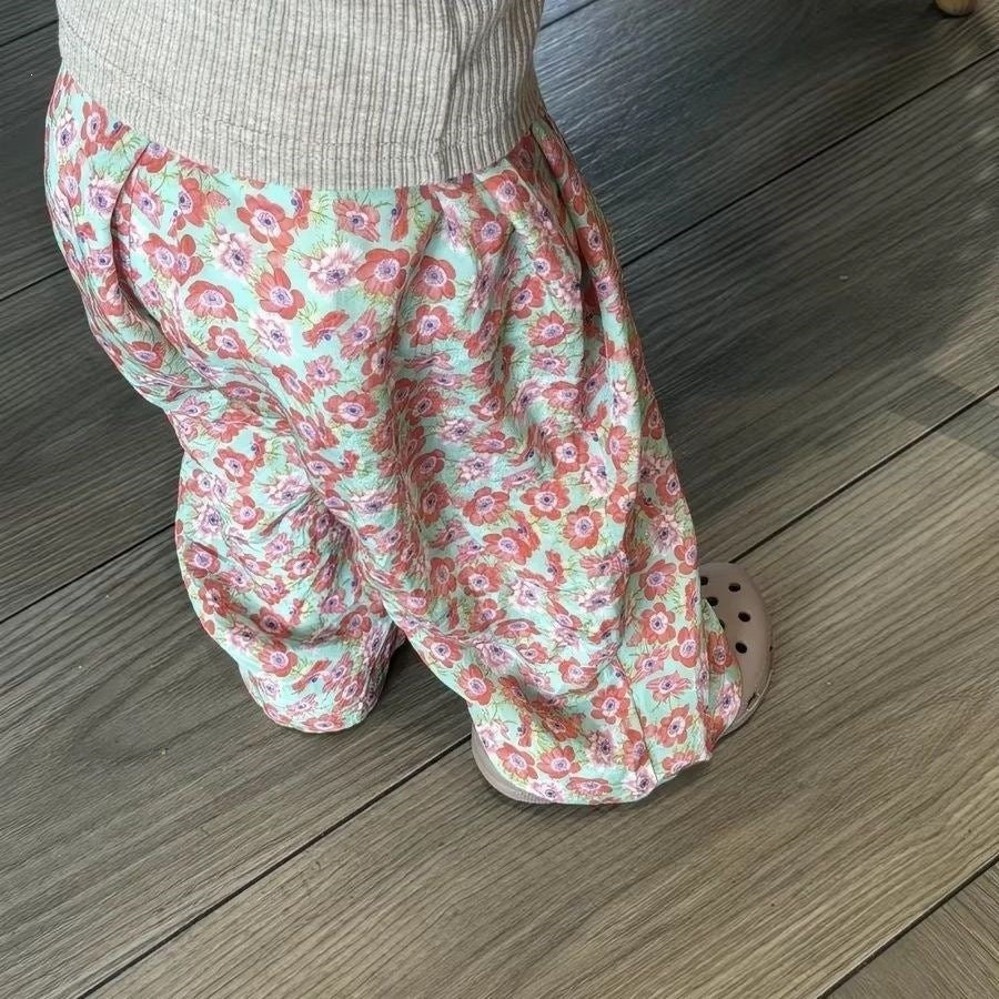 Korean Style Floral Pants Gray Fashion Short Sleeve Two-piece Wide Children's Suit