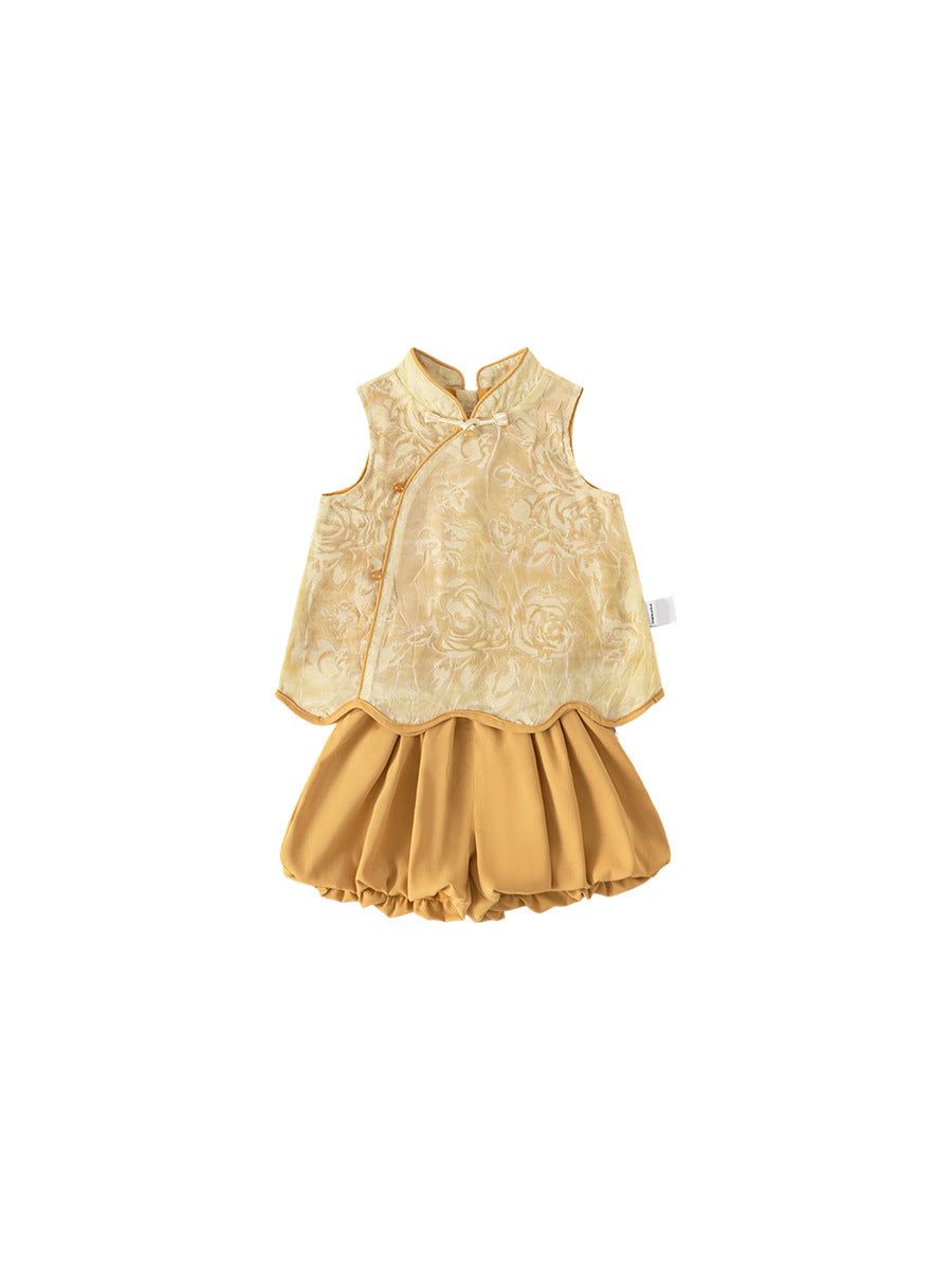 Children's Ethnic Style Sleeveless Top Solid Color Bud Skirt Pants Two-piece Children's Suit