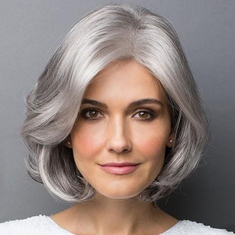 Women's Curly Gray White Short Hair Fluffy Partial Length Bangs Synthetic Wig Long Curls