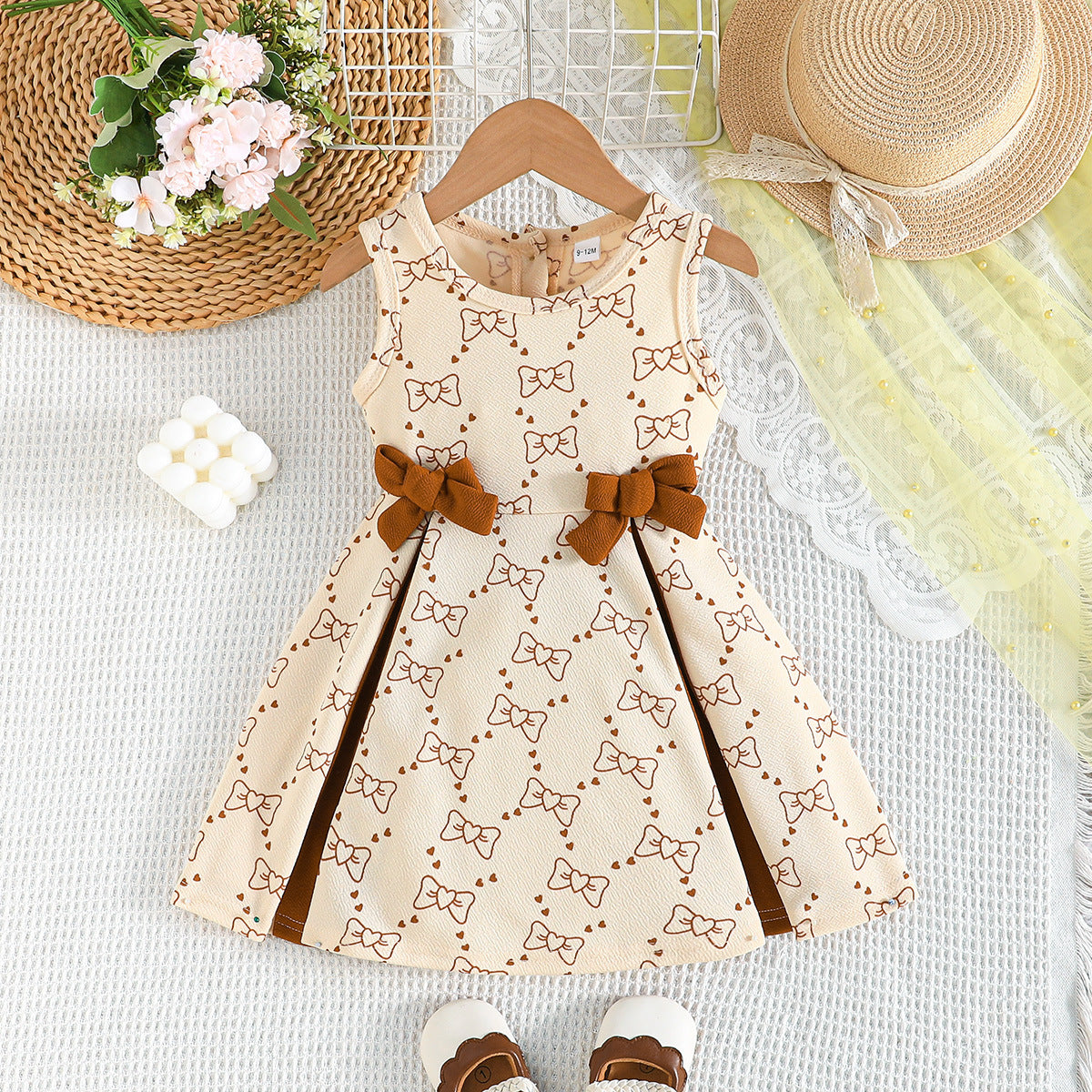 Fashion Geometry Pattern Bow Decoration Sleeveless Children's Dress