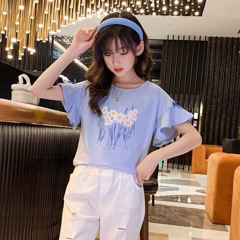 Ruffle Sleeve Flounced Printed Korean Style Stretch Cotton Children's T-shirt