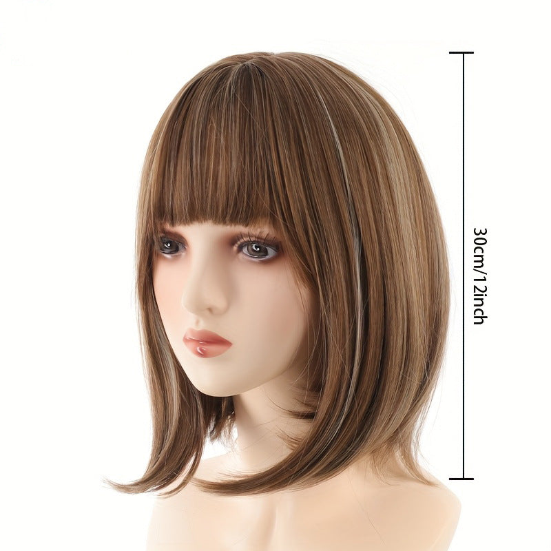 Women's Mixed Color Bangs Head Dyed Light Brown Daily Commuter Wig Short Straight Hair