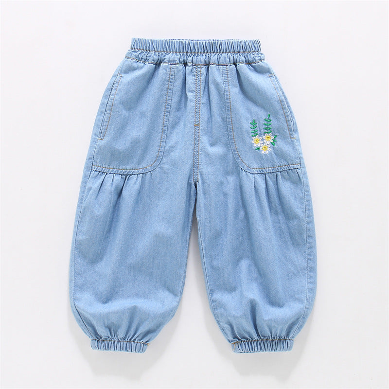 Children's Cotton Jeans Thin Summer Flower Embroidered Ankle Banded Children's Pants