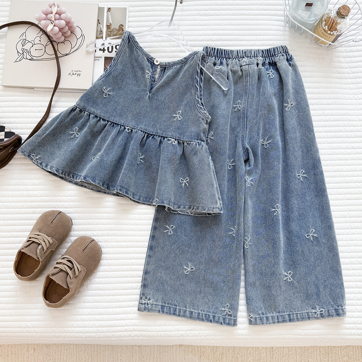 Summer Korean Style Denim Skirt Trousers Two-piece Washed Children's Suit