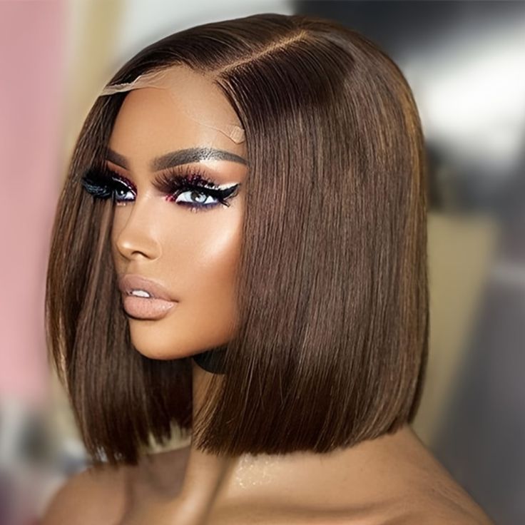 Fashion Brown Medium Real Head Cover Front Wig Short Straight Hair
