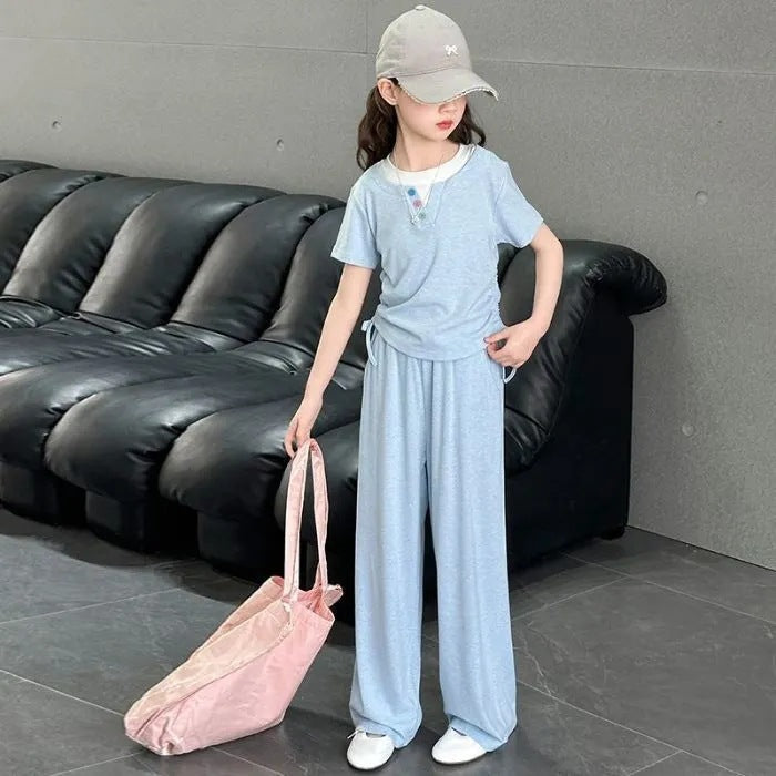 Style Fashion Middle Big Fake Two Pieces Short Sleeve T-shirt Children's Suit