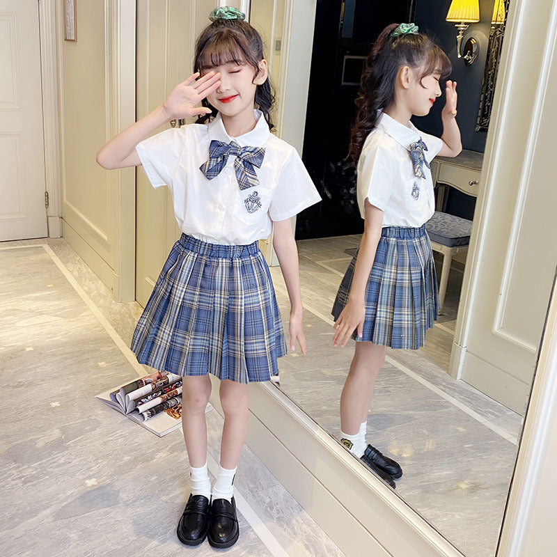 Children's Uniform Skirt Summer Preppy Style Bow Pleated Two-piece Children's Suit