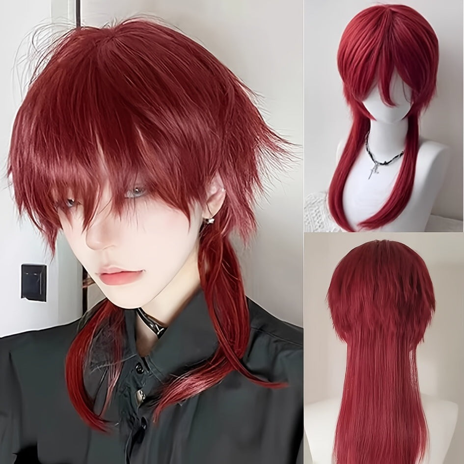 Women's & Men's Wolf Tail Hair Anchovy Head Gradient Dyed Warrior Half Long Straight Wig