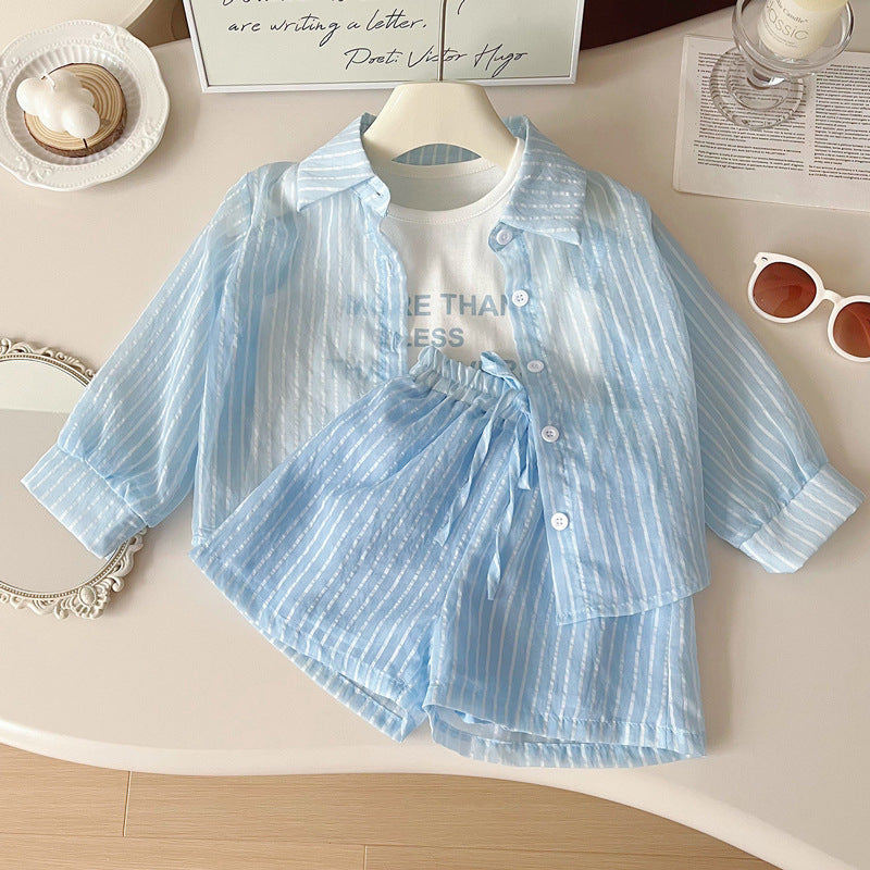 Stripes Long Sleeve Sunscreen Coat Shorts Three-piece Children's Suit