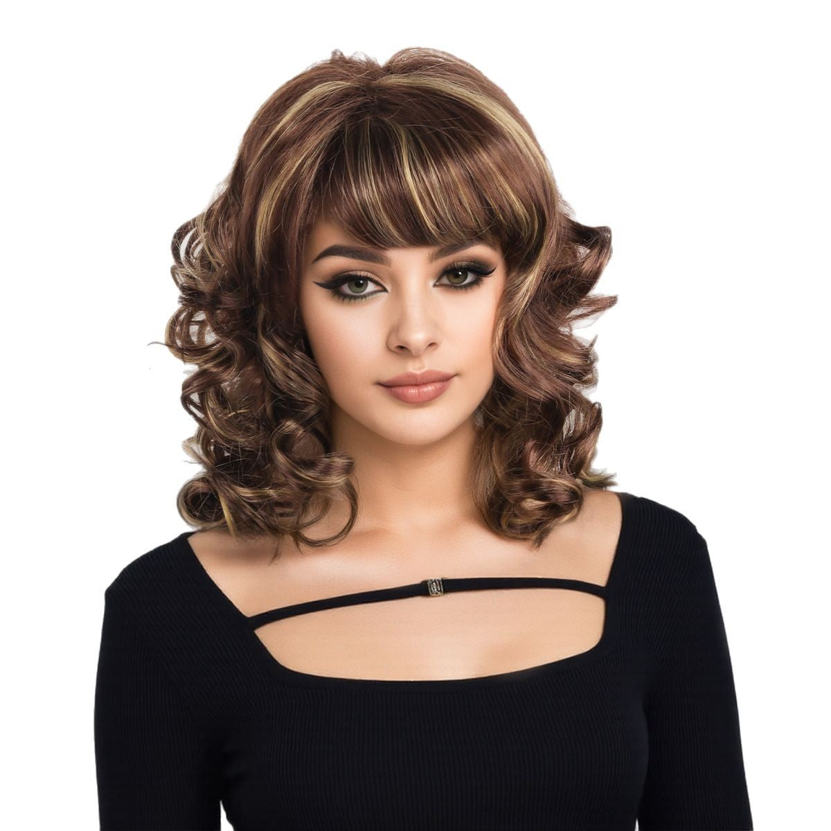 Female Straight Bangs Brown Natural Full Top Daily Wig Short Curly Hair