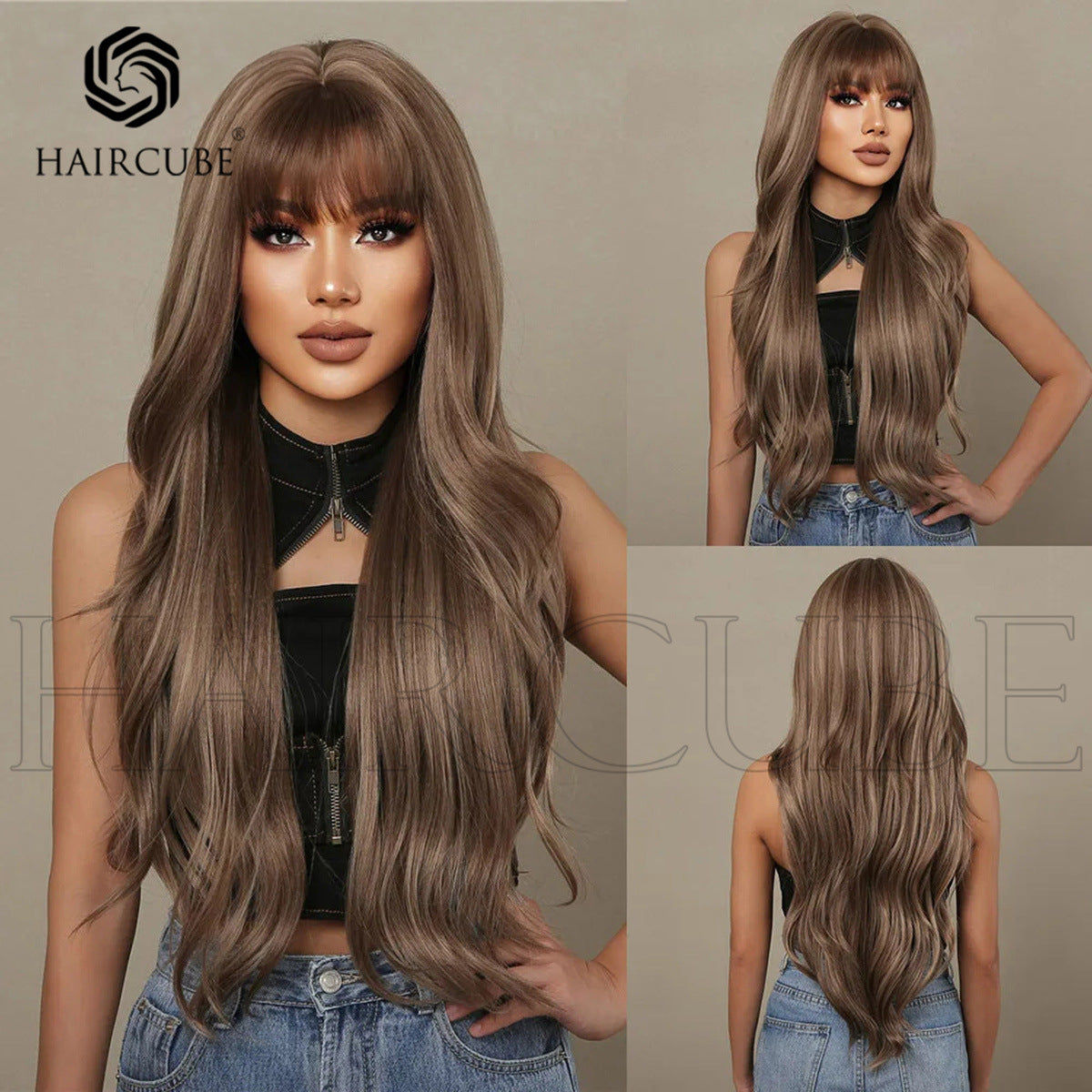 Dark Brown White Gold Color Highlight Wig Long Curls