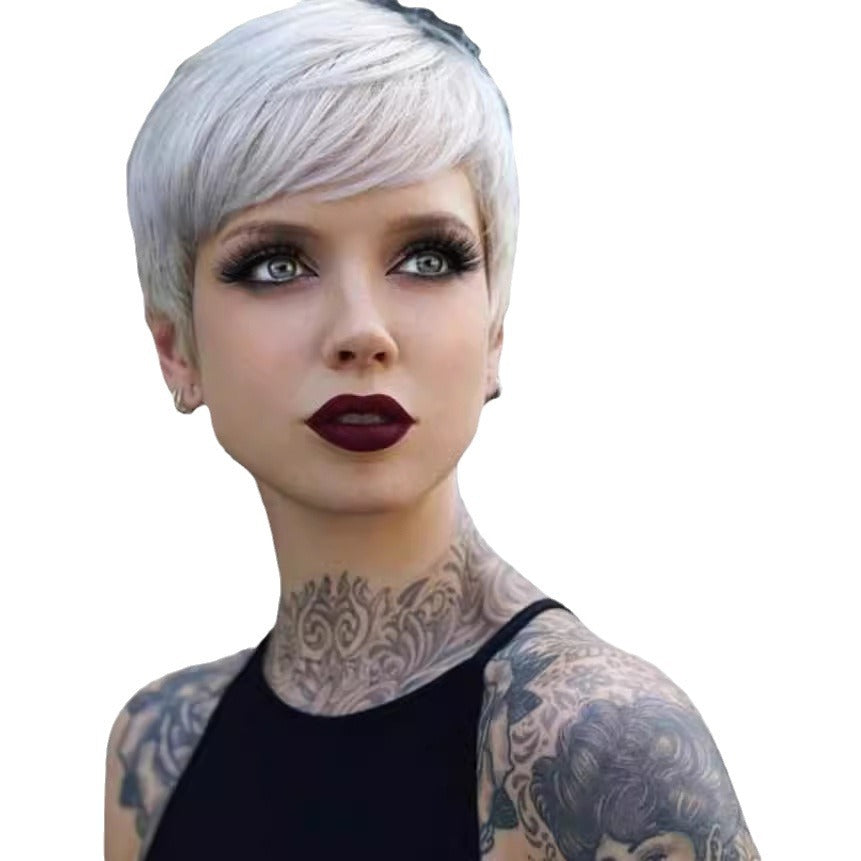 Female Side Bangs Gray White Mechanism Synthetic Wig Short Straight Hair