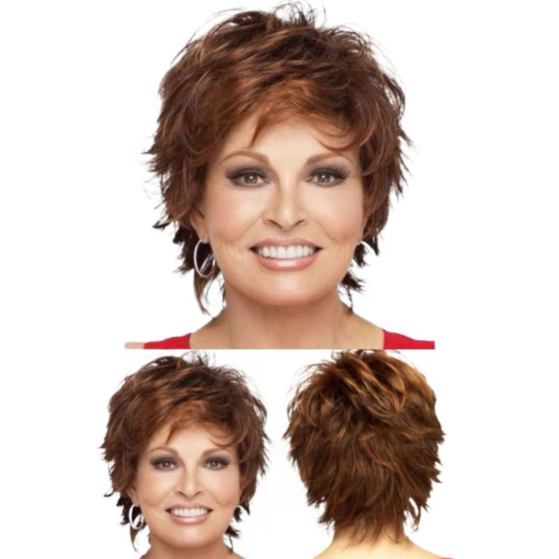 Women's Straight Fluffy Bangs Brown Red Outside One Wig Short Curly Hair