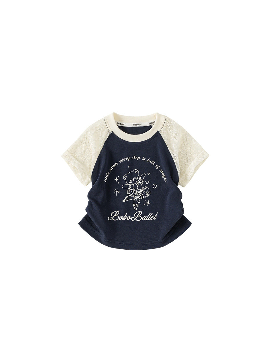 Children's Short-sleeved Lace Stitching Top Thin Summer Contrast Children's T-shirt