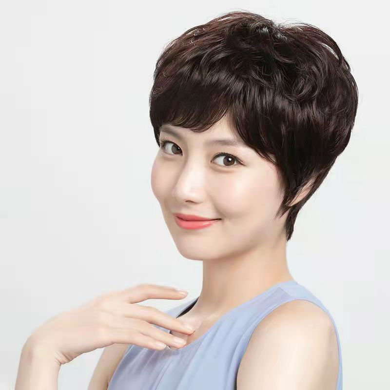 Women's Short Curly Human Wigs Natural Mom Real Hair Wig