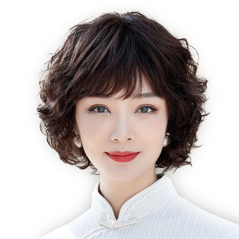Women's Real Full Human Sheath Mother Natural Wig Short Curly Hair