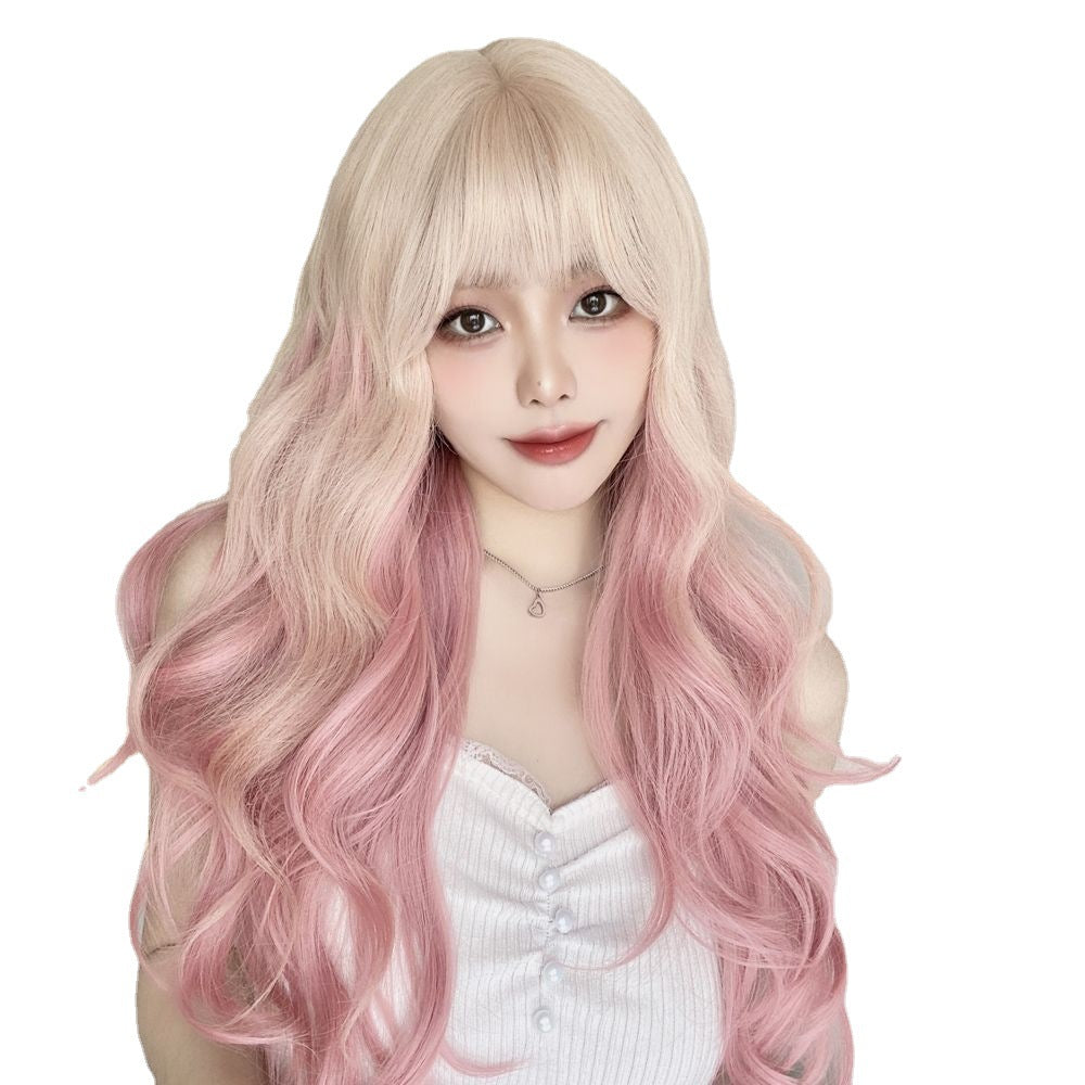 Cherry Pink Platinum Color Gradient Curly Hair Wig Long Curls