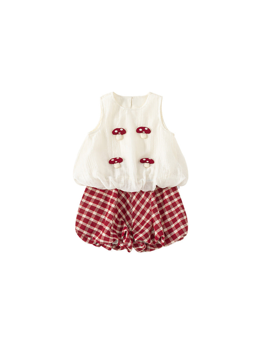 Children's Clothing Summer Tops Mushroom Sleeveless Plaid Bud Children's Suit