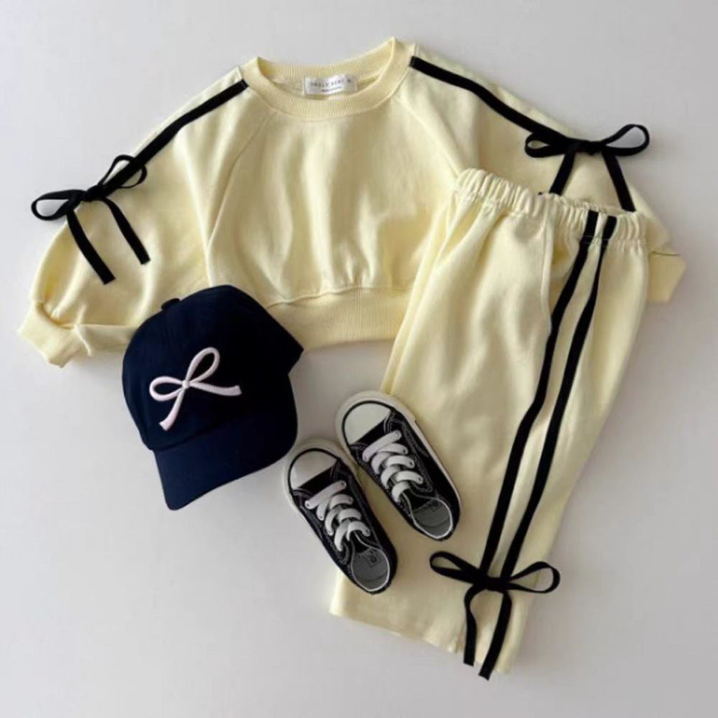 Style Long-sleeved Trousers Sports Bow Bars Patchwork Sweater Children's Suit