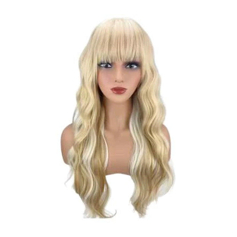 Curly Hair White Gold Color Straight Bangs Big Wave Fluffy Wig Long Curls