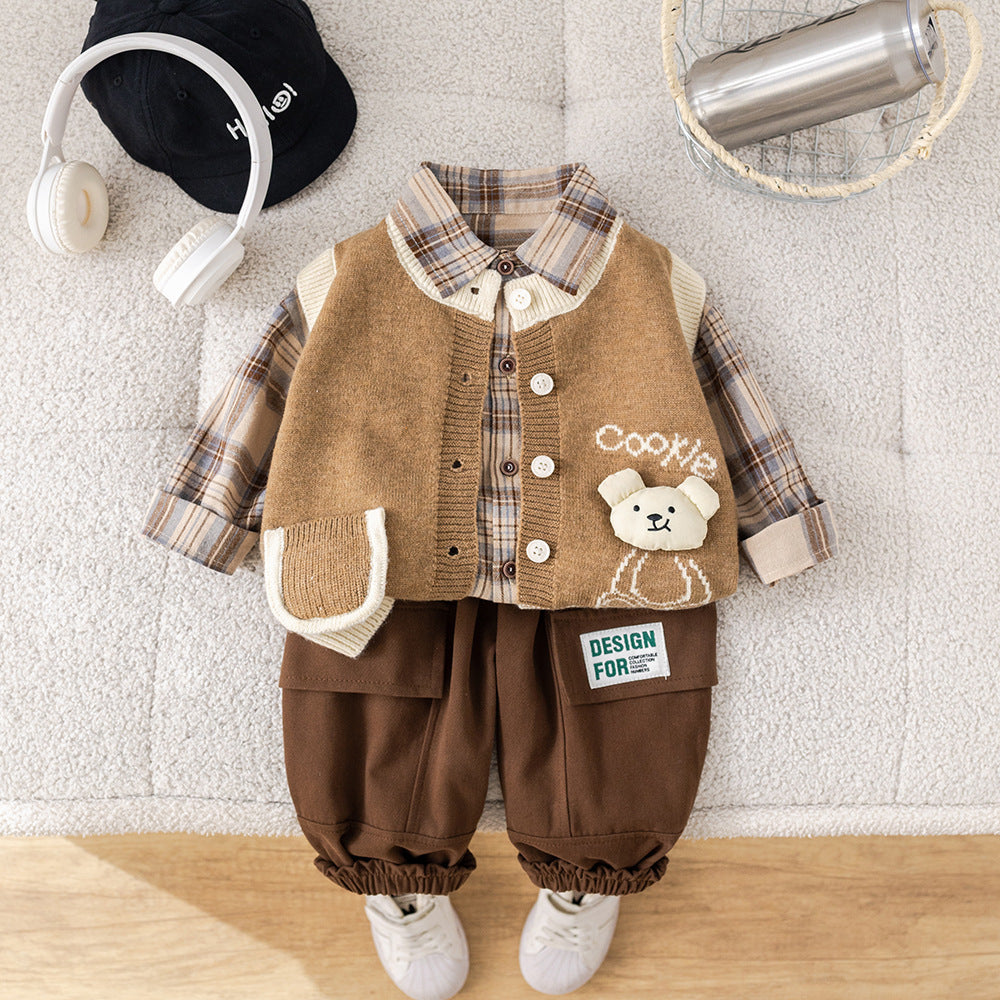 Children's Boys Autumn Clothing Western Style Cardigan Sweater Vest Three-piece Children's Suit