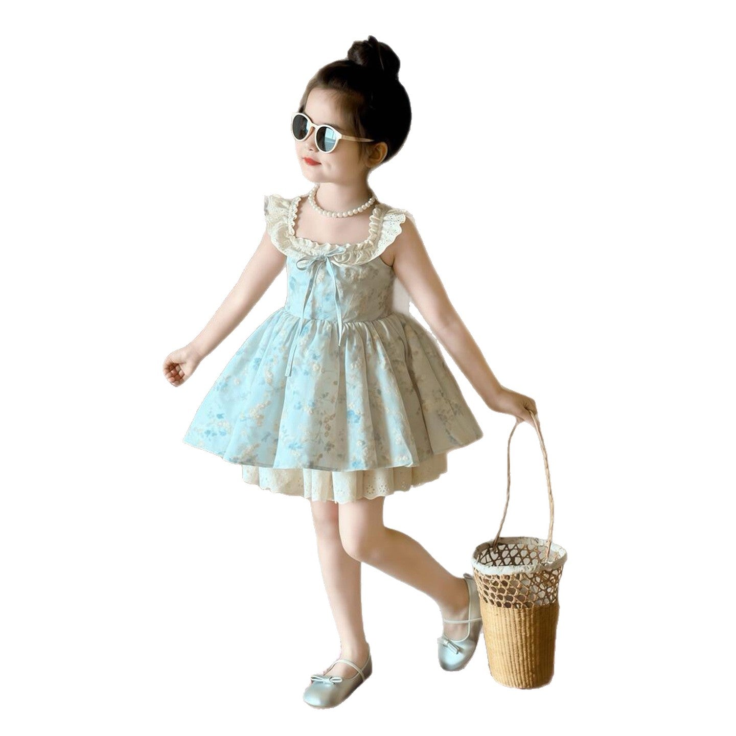 Hair Floral Flying Sleeve Summer Little Sweet Princess Korean Children's Dress