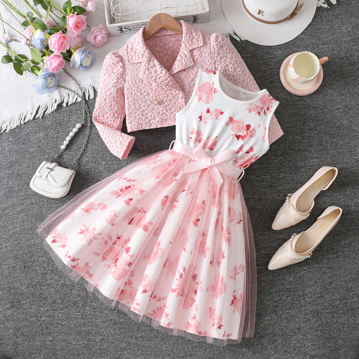Children's Dress Sky Blue Rose Vest Classic Style Turn-down Collar Coat Children's Suit