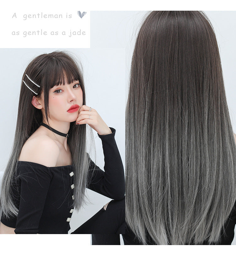 Women's Long Summer Natural Princess Cut Straight Gradient Real Hair Wig