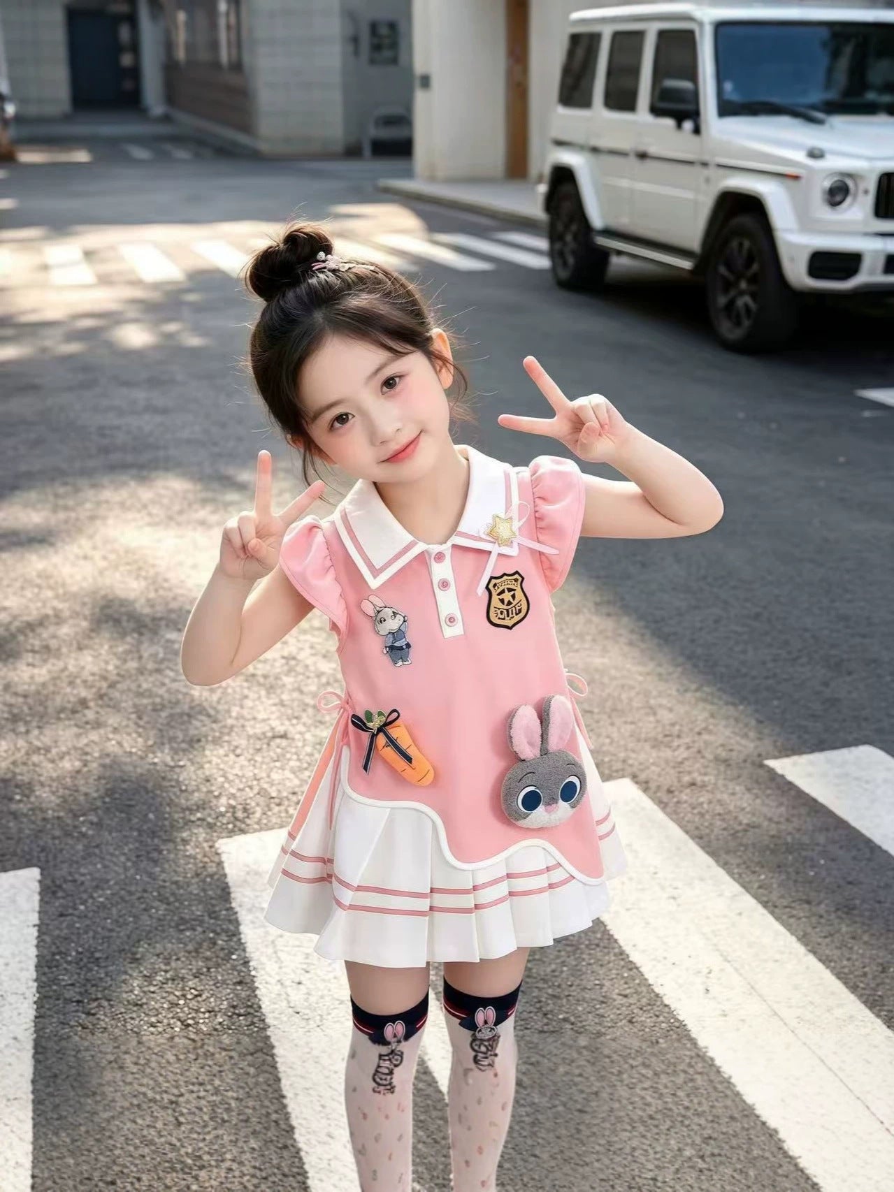 Children's Summer Rabbit Police Officer Drawstring Preppy Children's Dress