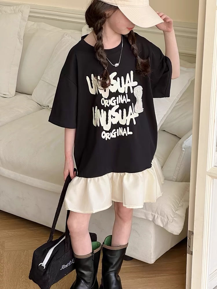 Children's Letter Print Fake Two-piece Skirt Summer Sweet Cool Style Ruffled Children's Dress