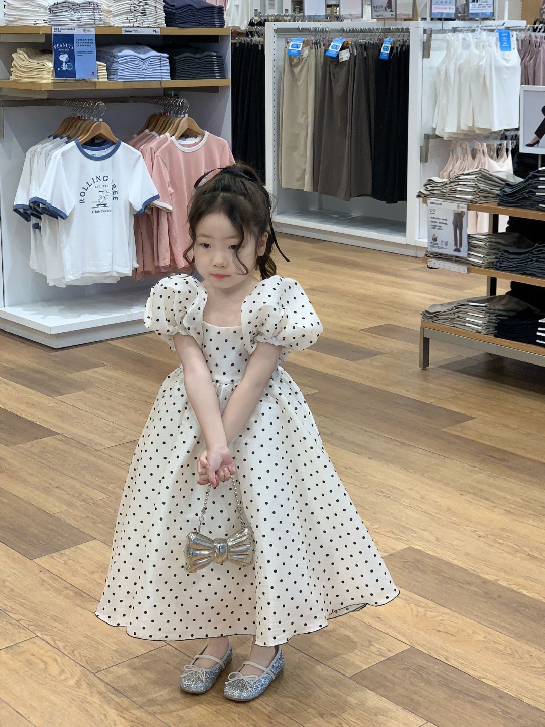 Style Elegant Long Wooden Ear Flocking Polka Dot Puff Short Children's Dress