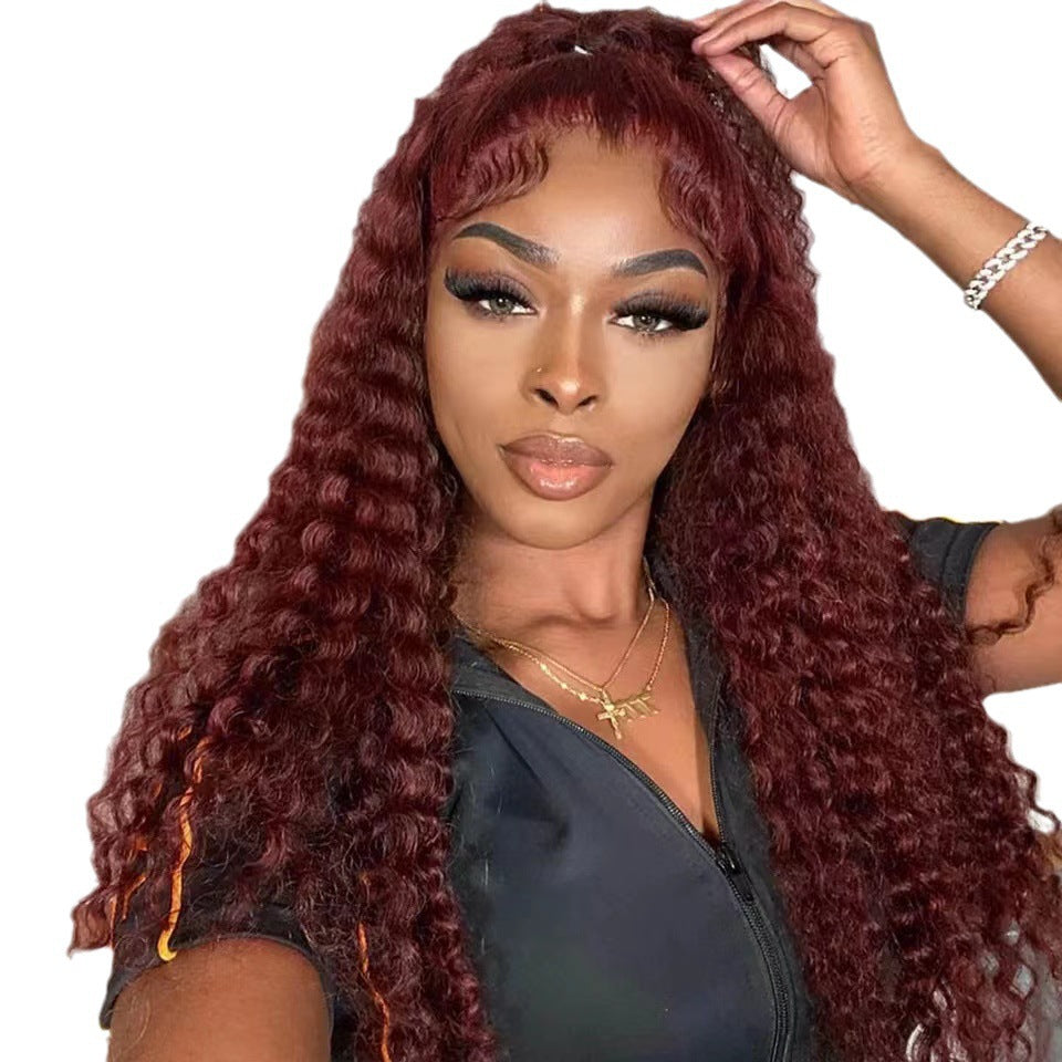 African Small Curly Wine Red Lace Wig Long Curls