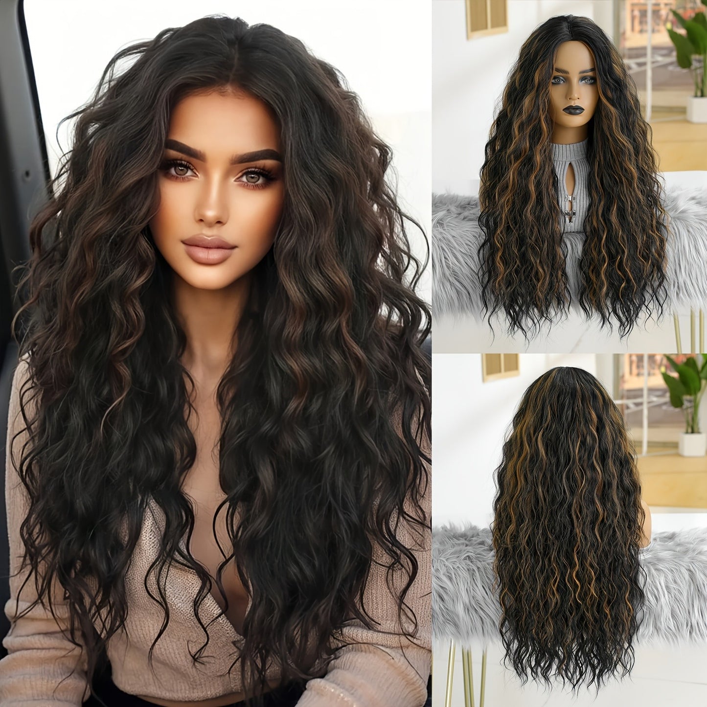 Women's For Small Black Curly Hair Fluffy Natural Seamless Replace Real Wig Long Curls