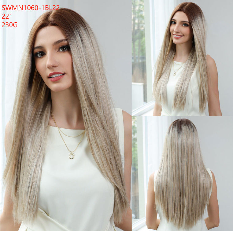 Silk Split Free Curly Hair Female Golden Long Straight Wig