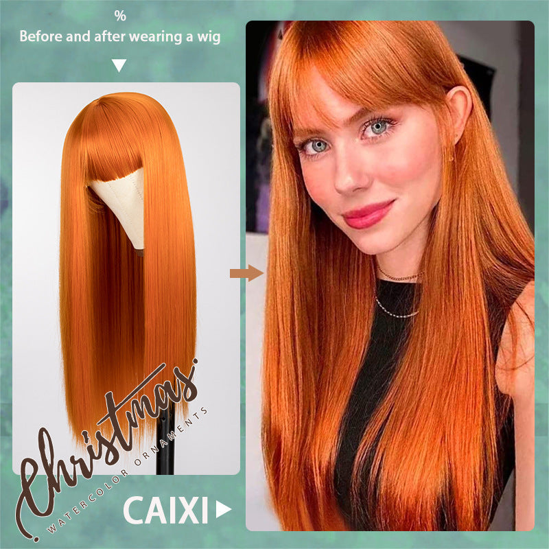 Head Cover Brown Straight Bangs Long Chemical Wig Short Curly Hair
