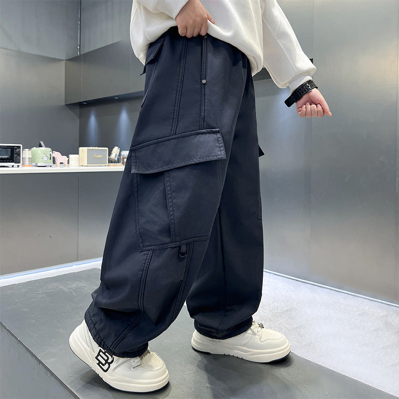 Children's Large Trousers Boyish Look Overalls Loose Straight Fashionable Pure Children's Pants