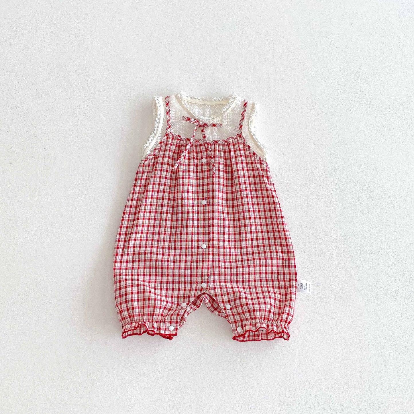 Korean Style Summer Clothes Fresh Lace Stitching Plaid Romper Born Jumpsuit, Climbing Suit