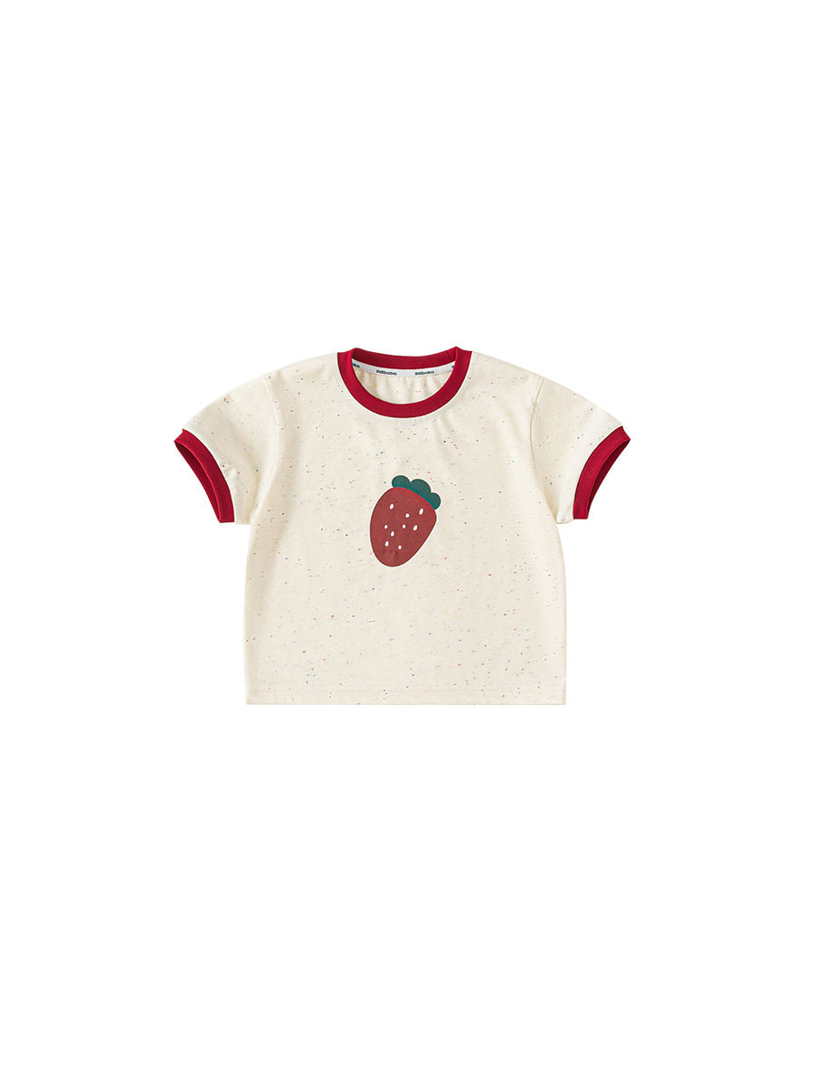 Women's & Children's Short-sleeved Contrast Color Top Cartoon Strawberry Round Neck Clothes For Children's T-shirt