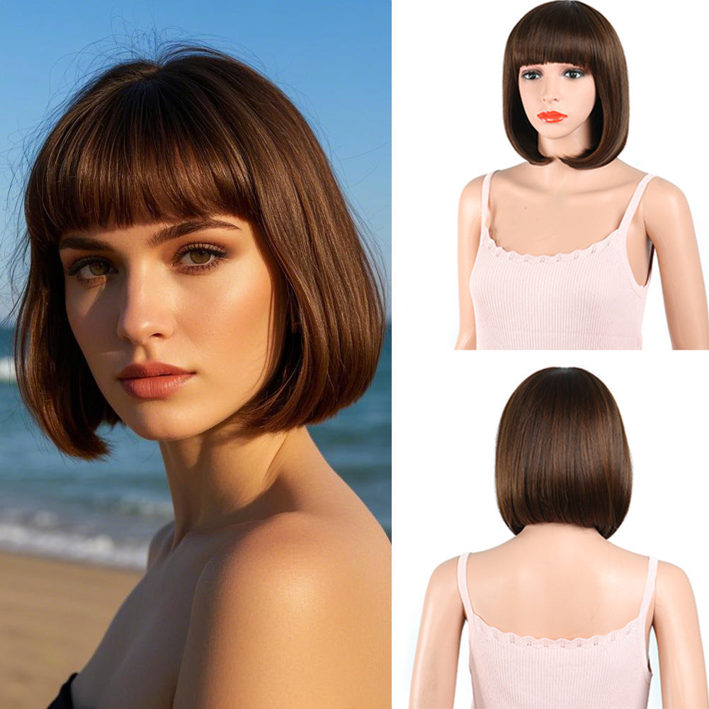 Women's Fashion Long Black Head Cover With Wig Short Straight Hair