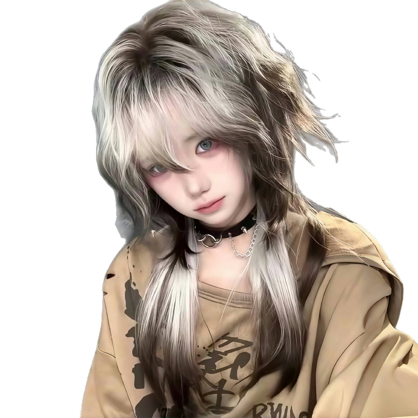 Shepherd Dog Wolf Tail Less White Brown Gradient Layering Wig Long Curls