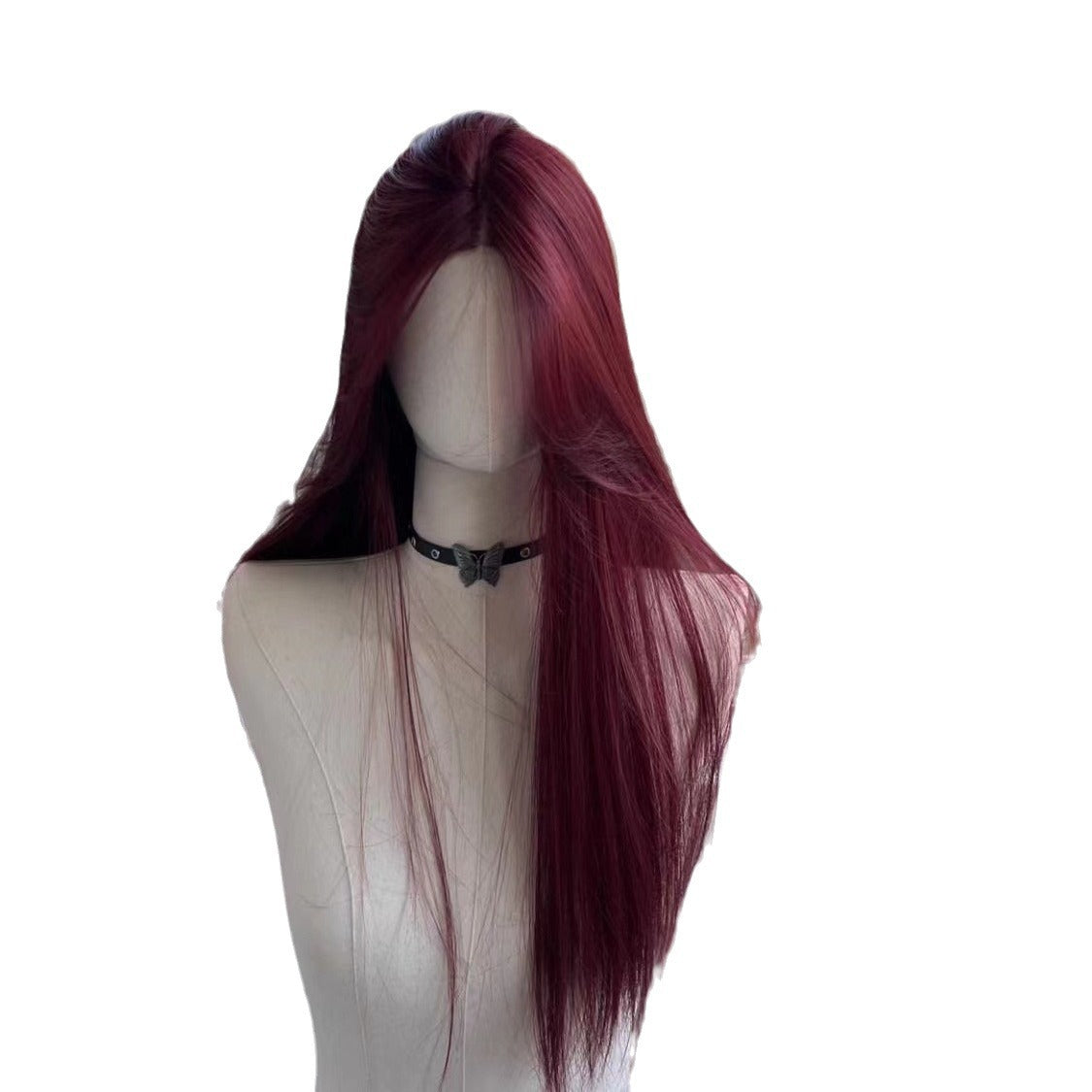 Forehead Lace Raspberry Red Mid-length French Female Long Straight Wig