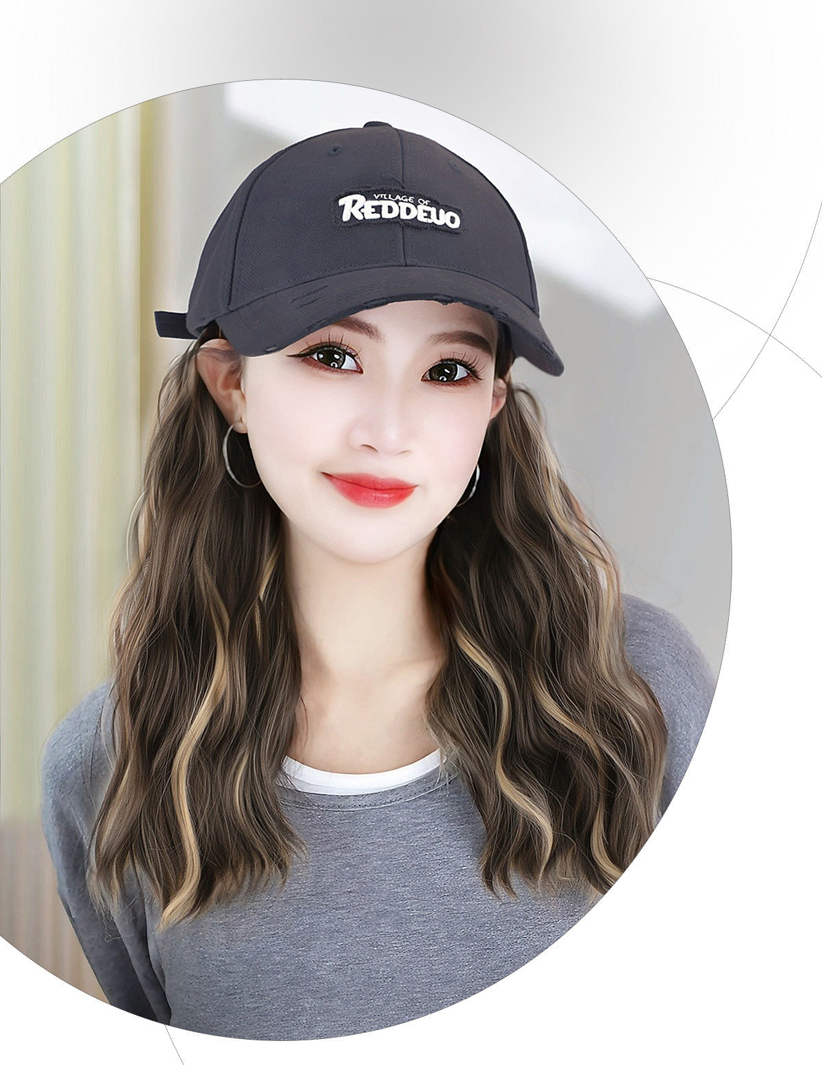 Embroidered Baseball Hat One-piece Detachable Trendy Retro Small Hooded Collarbone Wig Long Curls