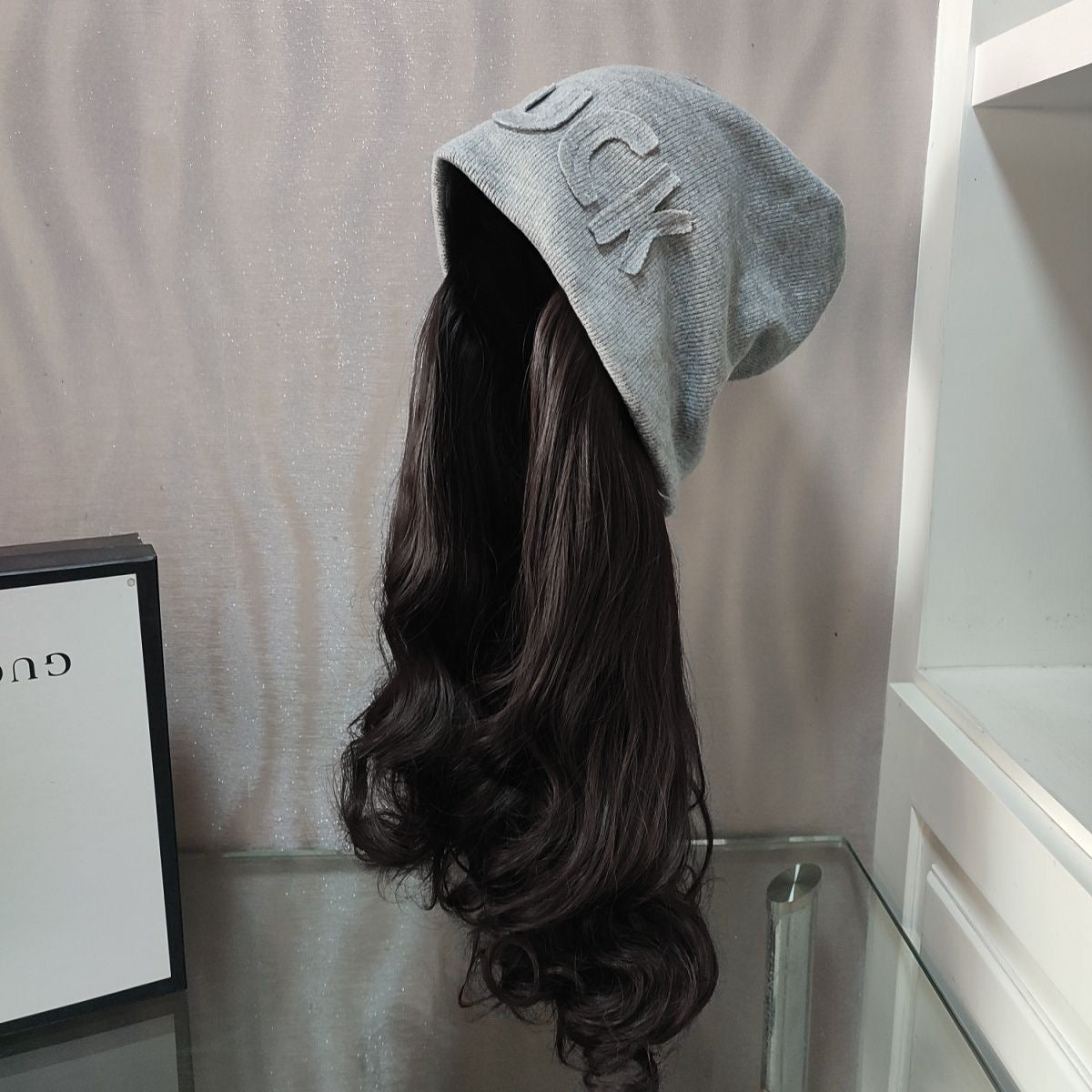 Beanie Hat One Detachable Fashion Cool Gray Street Pile Heap Wig Long Curls