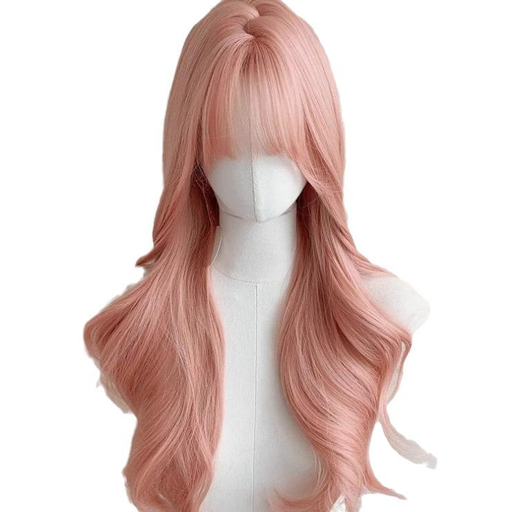 Head Cover Pink Female Curly Hair Big Wave Universal Bangs Wig Long Curls