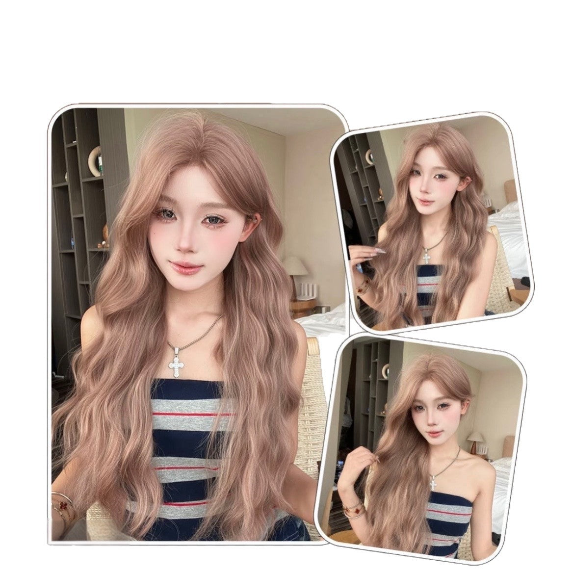 Bean Pink Forehead Lace Curly Hair Atmosphere V Face Realistic Wig Long Curls