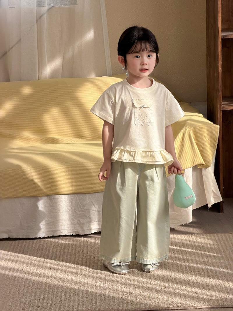 Children's Korean Ruffled Sweet Fresh Lace Pocket Short-sleeved Children's T-shirt